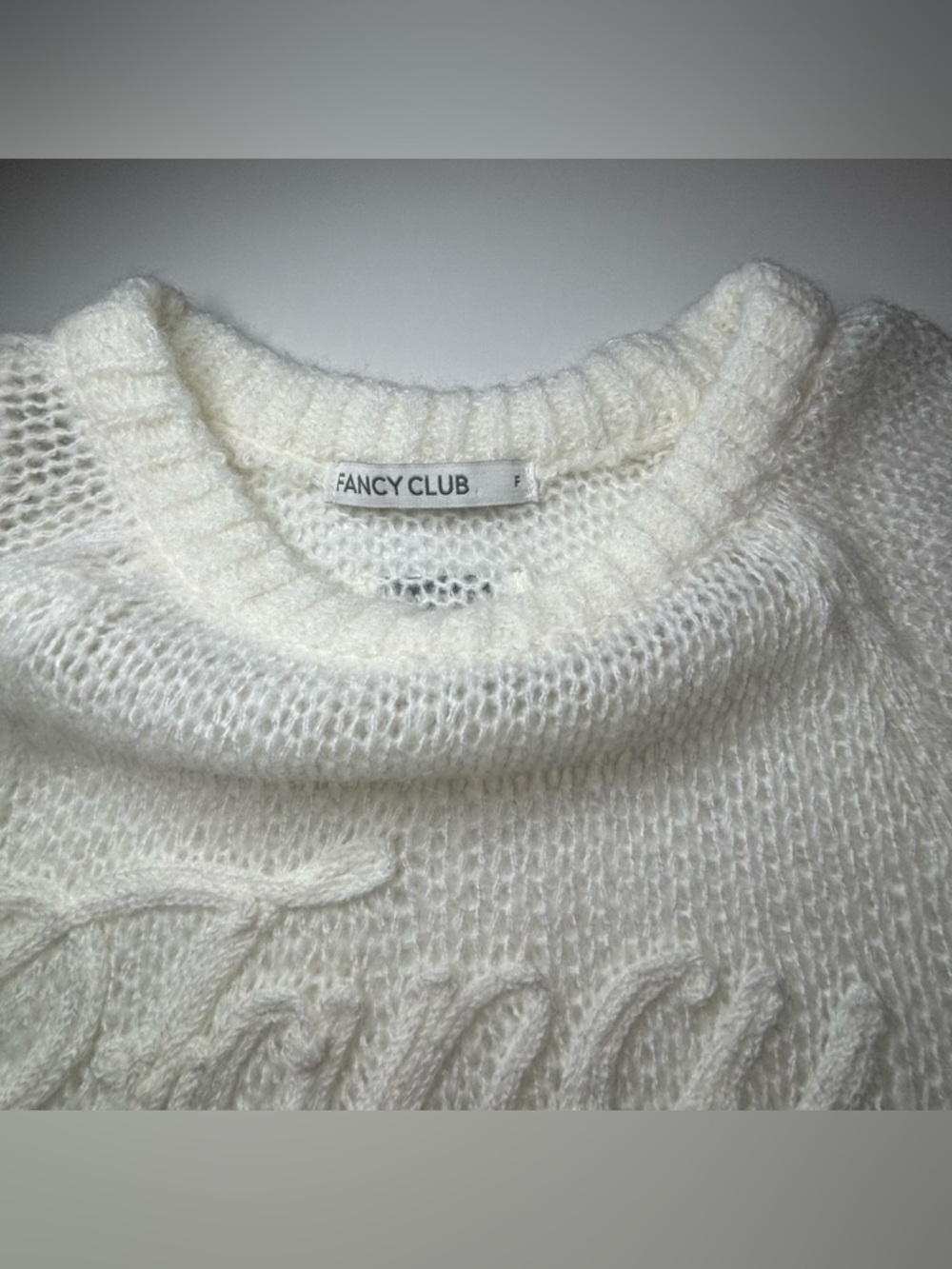 Fancy Club Embroidered Net Knit Top Ivory One Size Raglan Sheer Logo Trendy - Picture 6 of 13